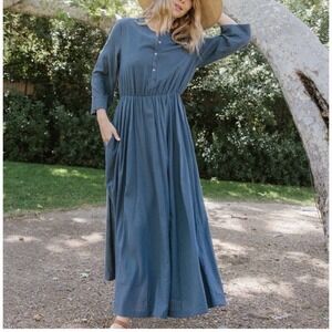 Jenni Kayne Seersucker Shirt Dress Large Blue Stripe Midi 3/4 Sleeve Modest
